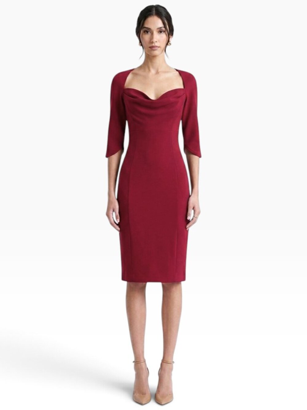 Black Halo Burgundy Red Draped Sweetheart Neckline 3/4 Sleeves Fitted Dress 2